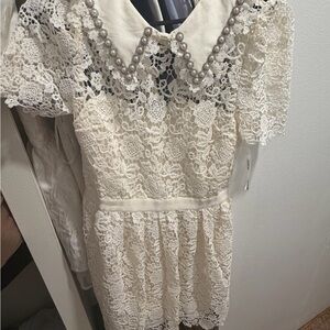 Self-Portrait Cream Lace Midi Dress with Pearl Collar